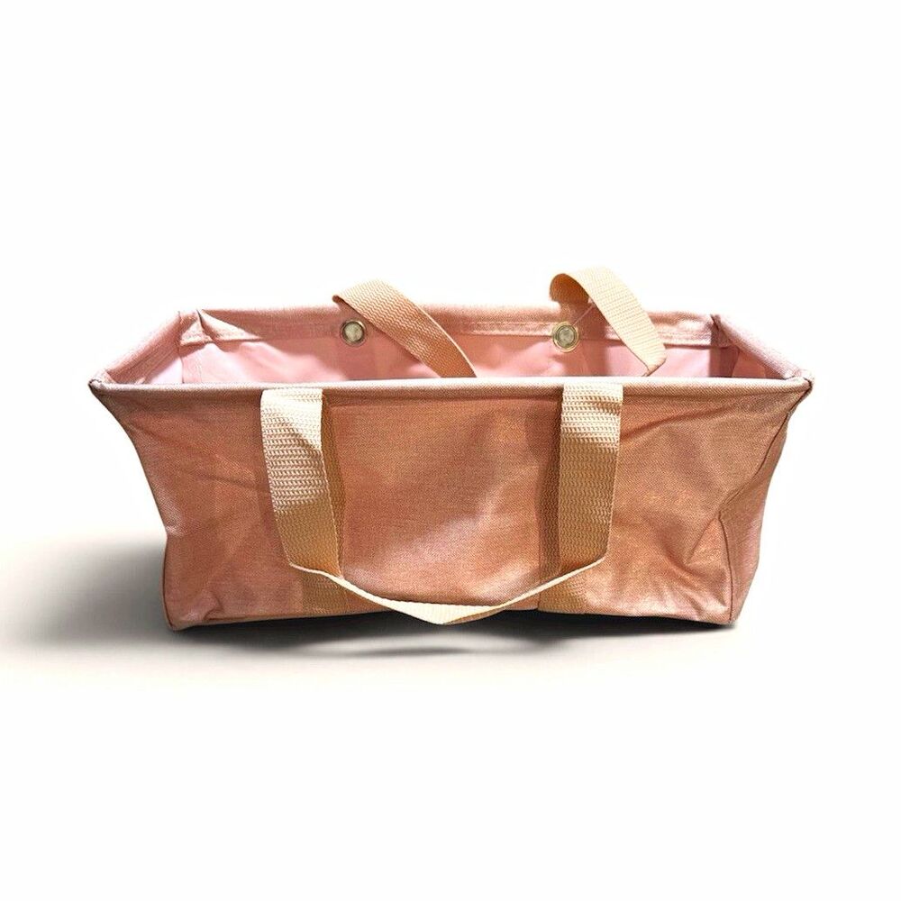 Thirty-One Pink Metallic Fabric Storage Bin Basket w/ Handles Collapsible 12x6